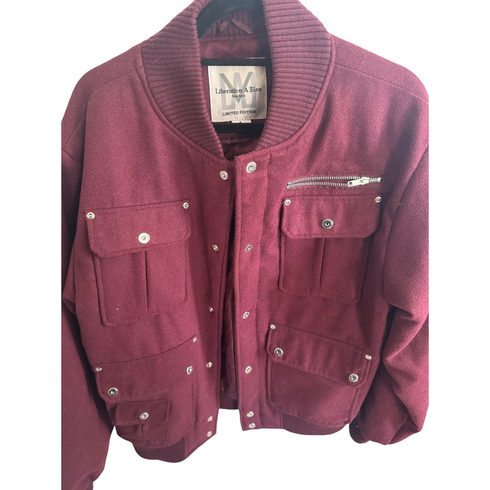 Liberation A Bleu New York Limited Edition Burgundy Wool Blend Bomber Jacket L
